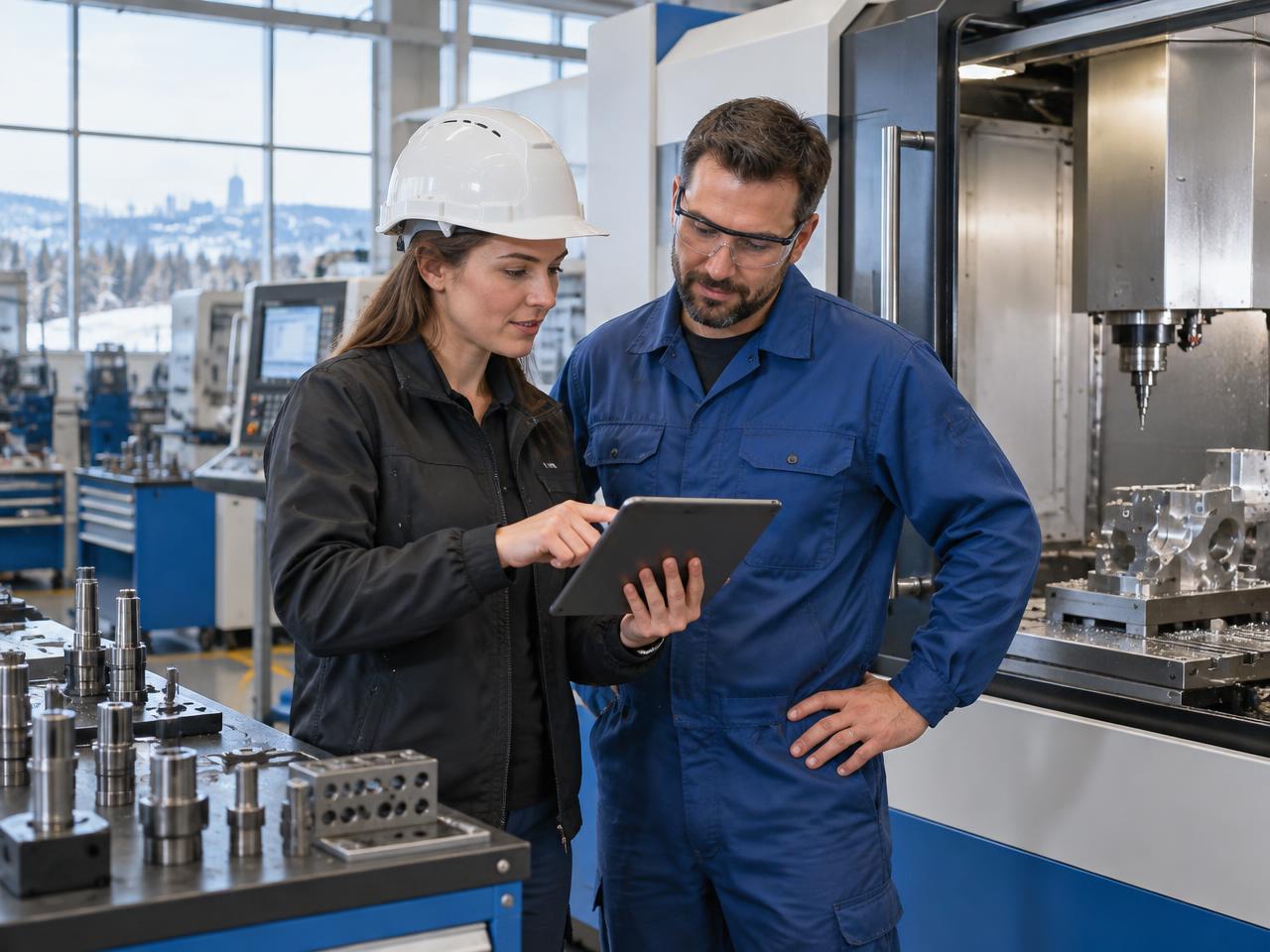 Deux professionnels échangent dans un atelier industriel