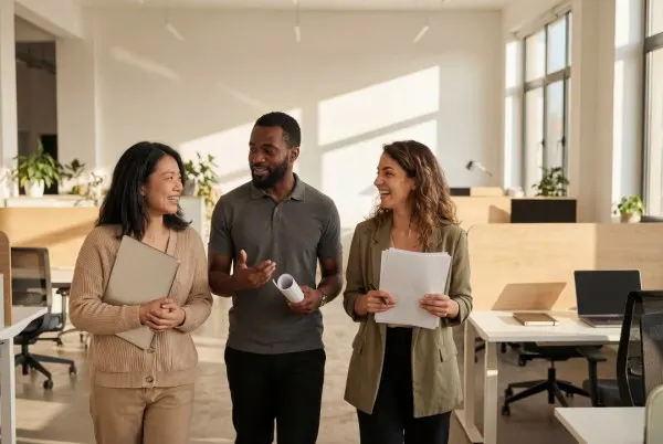 Trois collègues discutent dans un bureau