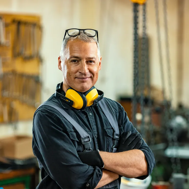 Un travailleur d’usine avec des protecteurs auditifs