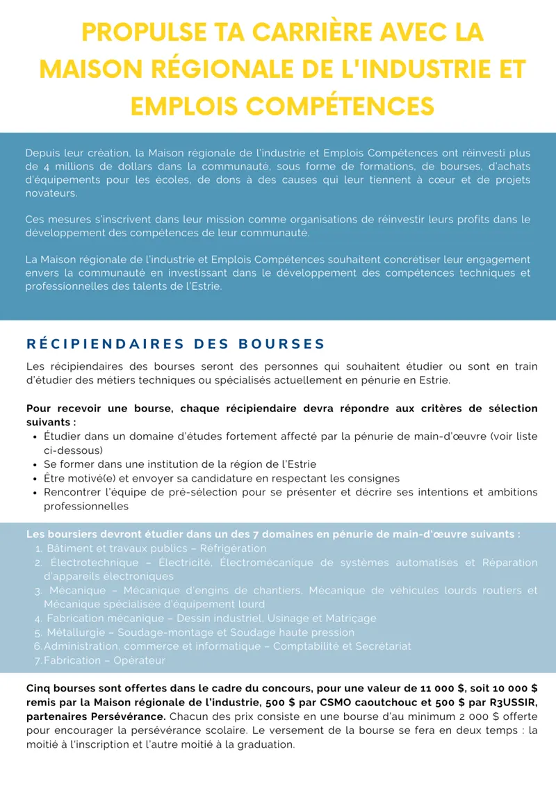 Règlements du concours de bourses 2024, page 1 : présentation, récipiendaires, critères de sélection et les 7 domaines en pénurie de main-d’œuvre