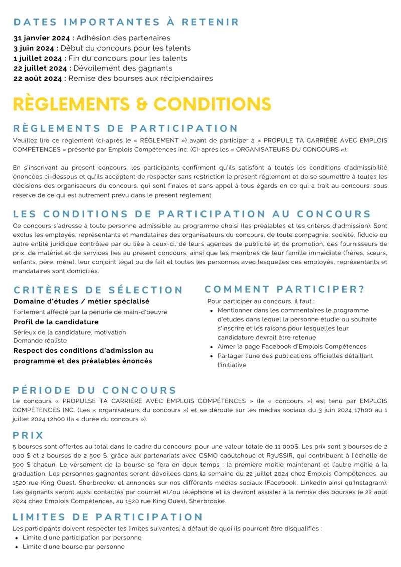 Règlements du concours de bourses 2024, page 2 : dates importantes, règlements et conditions, critères de sélection, période du concours, prix et limites de participation