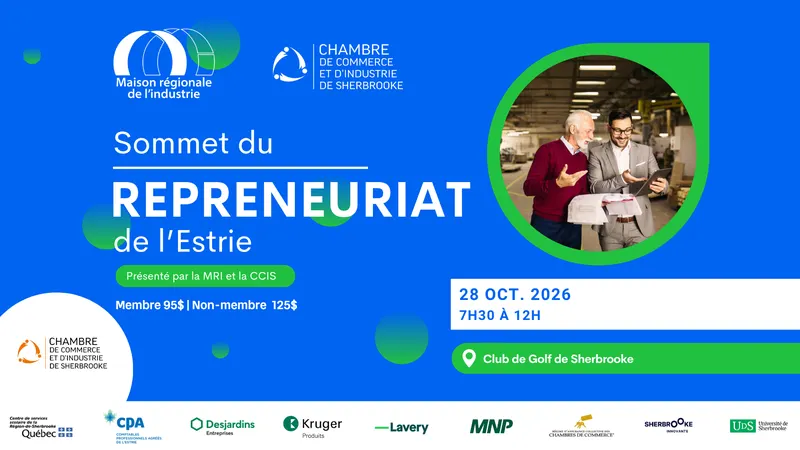 Affiche du Sommet du repreneuriat de l’Estrie, 28 octobre 2026, 7 h 30 à 12 h, Club de golf de Sherbrooke